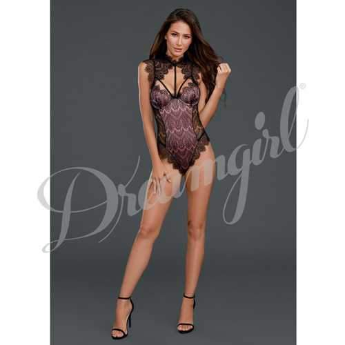 Stretch Satin Teddy w/Underwire Cups & Lace Overlay, Tie Back Collar & Snap Crotch Black/Vn Rse MD