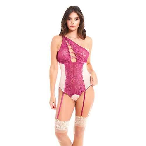 Asymmetrical Lace Teddy w/Garters Magenta MD