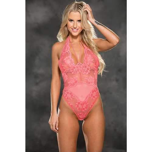 Floral Stretch Lace & Mesh Teddy Coral LG